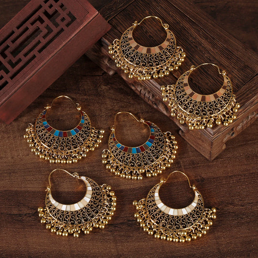 Vintage Golden Hollow Carved Huggies Indian Earrings Jhumka Boho Enamel Moon Shape Dangle Earrings for Women Jewellery Brinco
