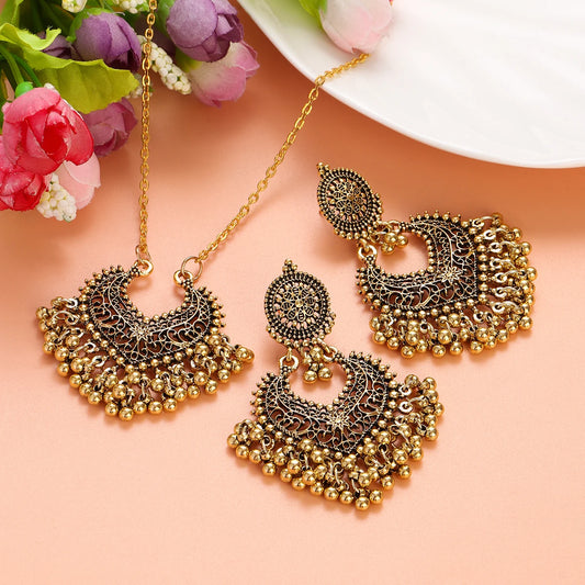 Retro Gold Plated Round Beads Tassel Earring Necklace Sets